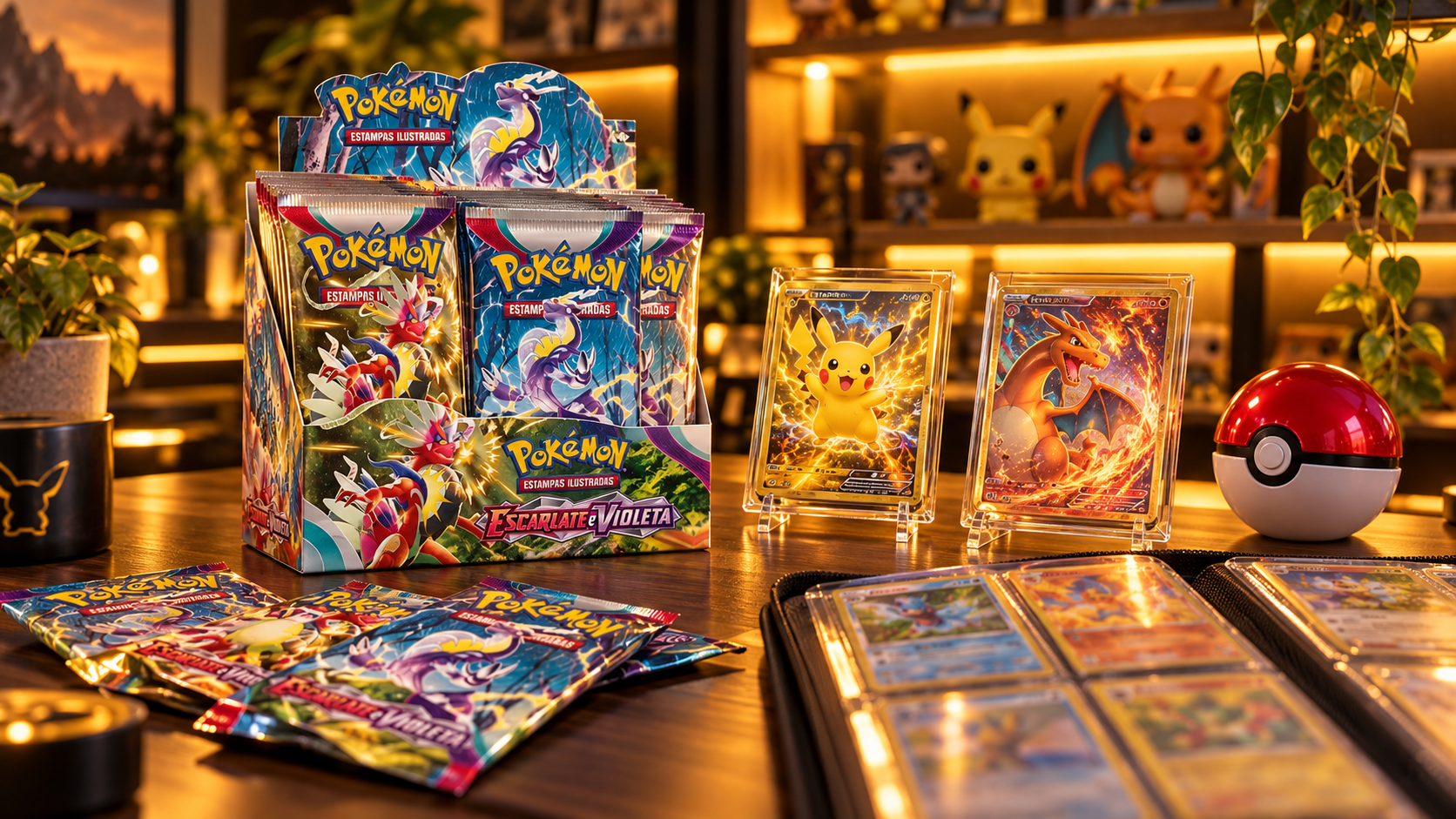 Cartas e boosters Pokémon TCG em uma coleção com iluminação dourada